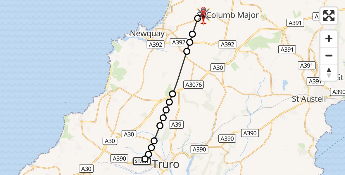 Flight route Air Ambulance Helicopter Treliske Hospital - Cornwall Airport Newquay, 24 September 2026, 14:40