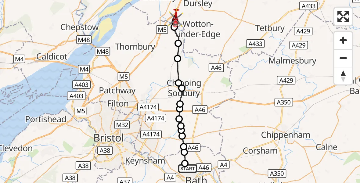 Flight route Air Ambulance Helicopter Bath - Stroud, 24 September 2026, 14:43