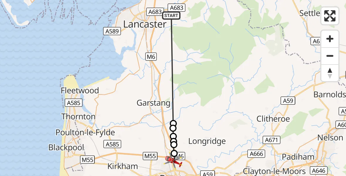 Flight route Air Ambulance Helicopter Caton - Preston, 24 September 2026, 15:03