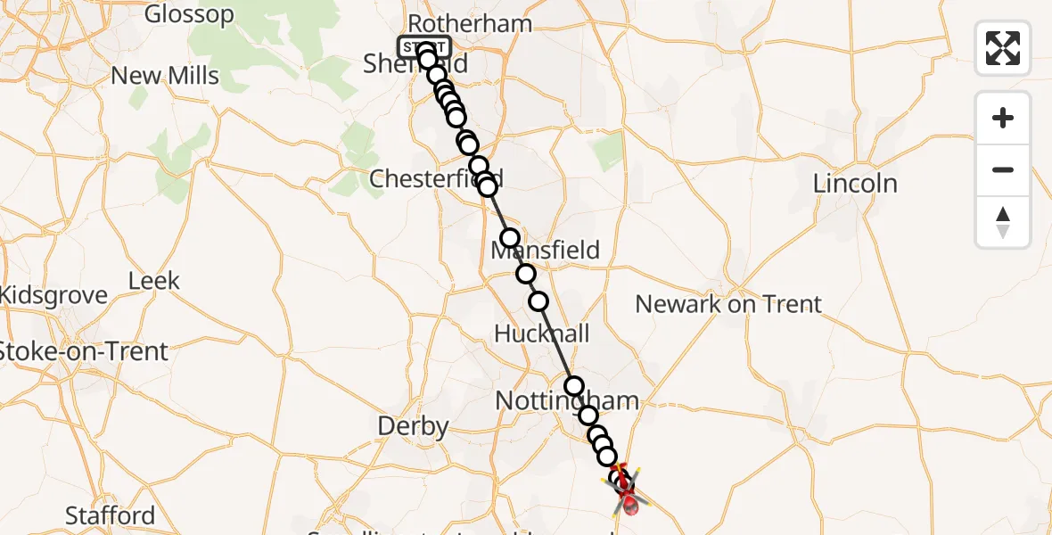Flight route Air Ambulance Helicopter Page Hall - Nottingham Heliport, 24 September 2026, 15:12