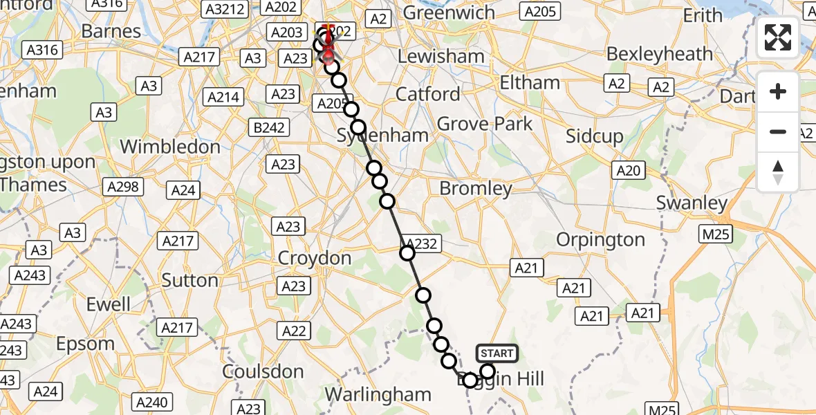 Flight route Air Ambulance Helicopter London Biggin Hill Airport - Kings College London Hospital, 24 September 2026, 15:12