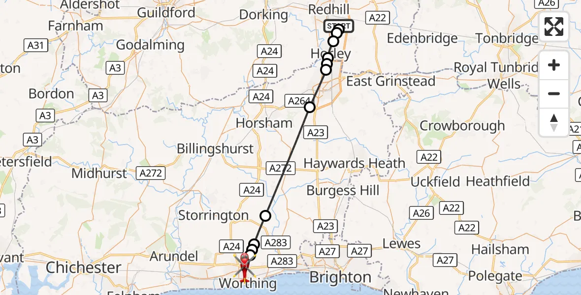 Flight route Air Ambulance Helicopter Redhill Aerodrome - Worthing, 24 September 2026, 15:25