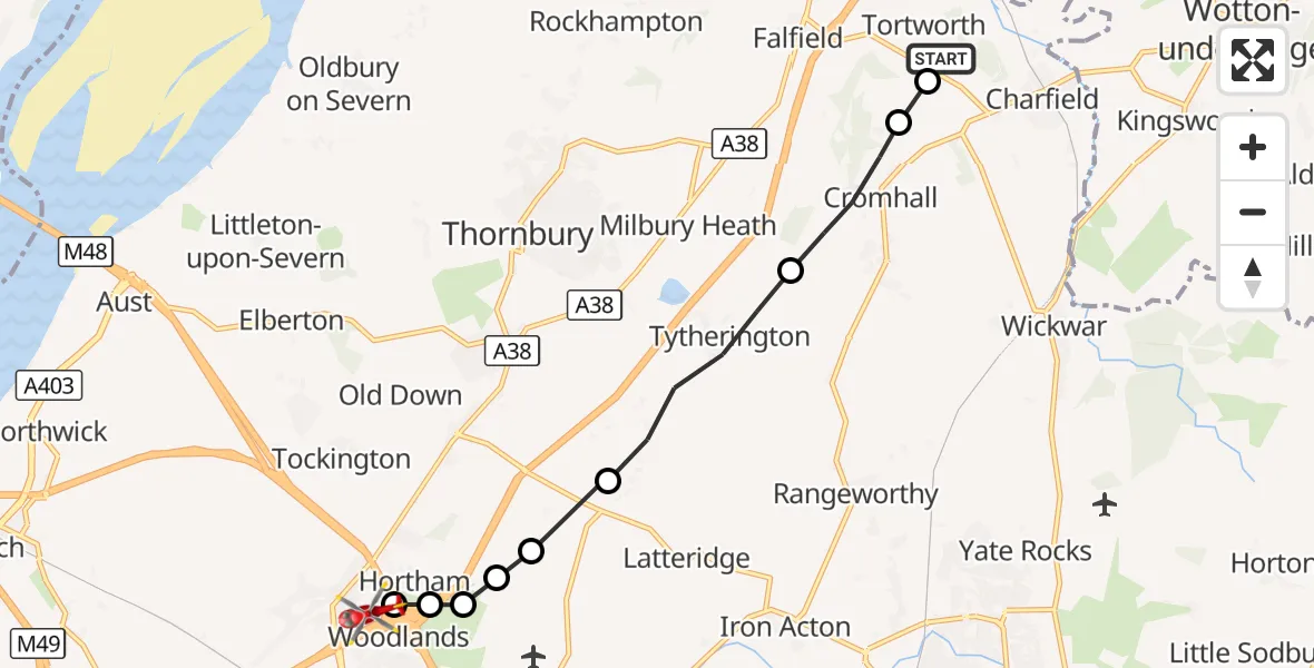 Flight route Air Ambulance Helicopter Tortworth - Almondsbury Helicopter Base, 24 September 2026, 15:26
