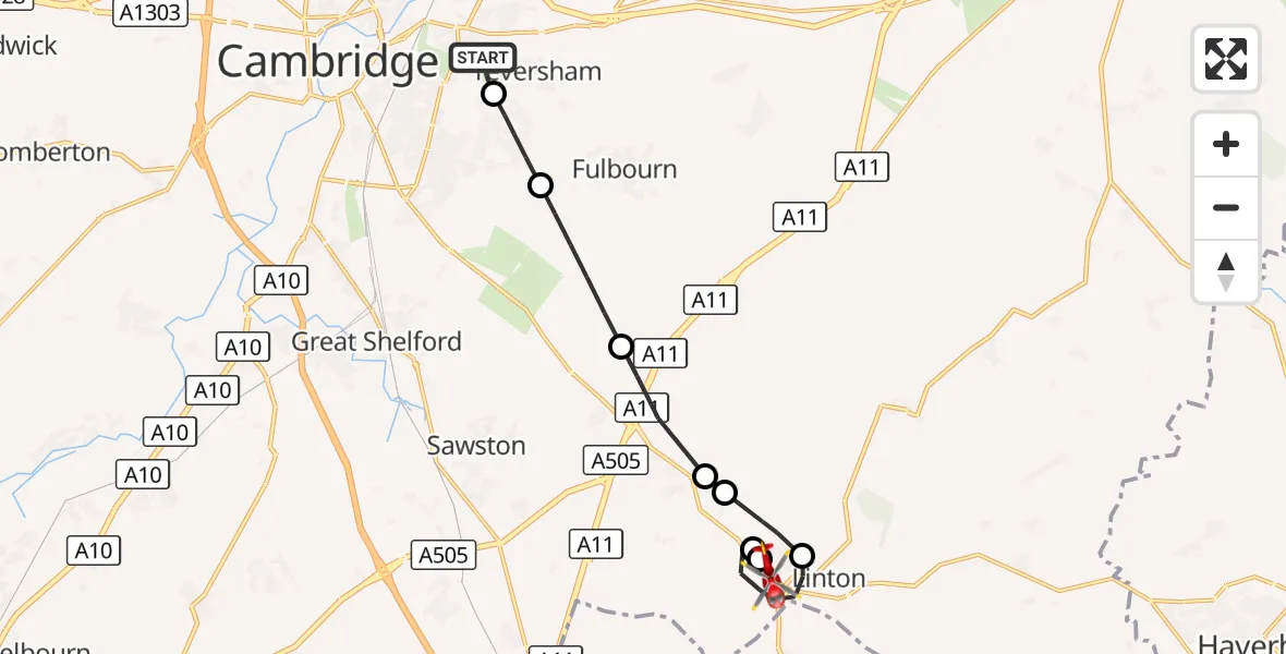 Flight route Air Ambulance Helicopter Cambridge City Airport - Linton, 24 September 2026, 15:36