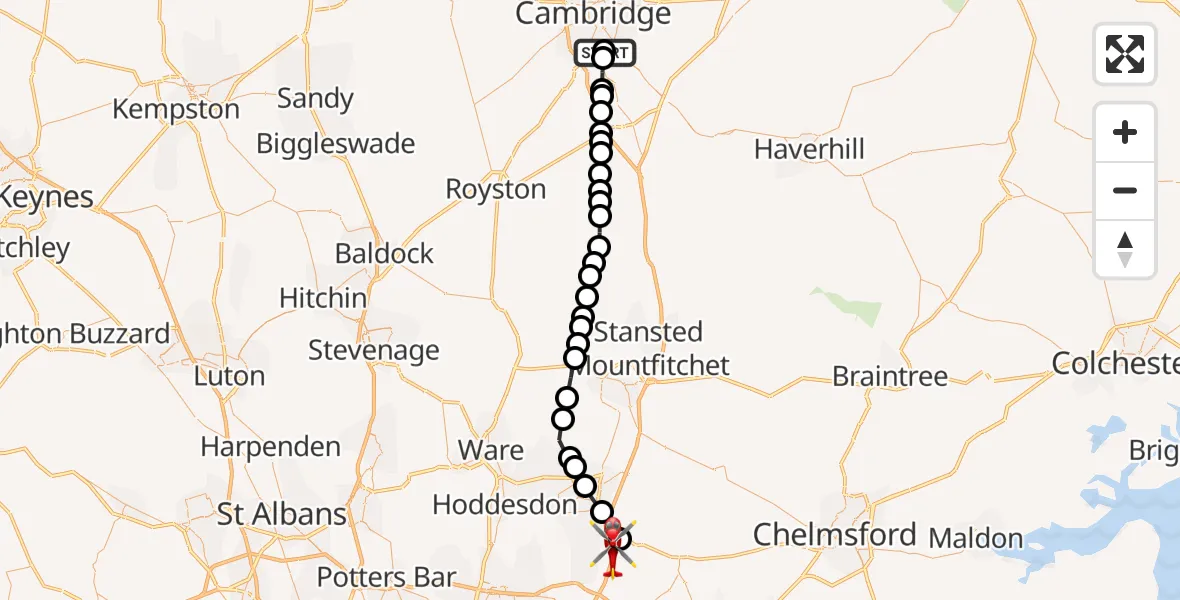 Flight route Air Ambulance Helicopter Papworth Hospital - North Weald Airfield, 24 September 2026, 15:45