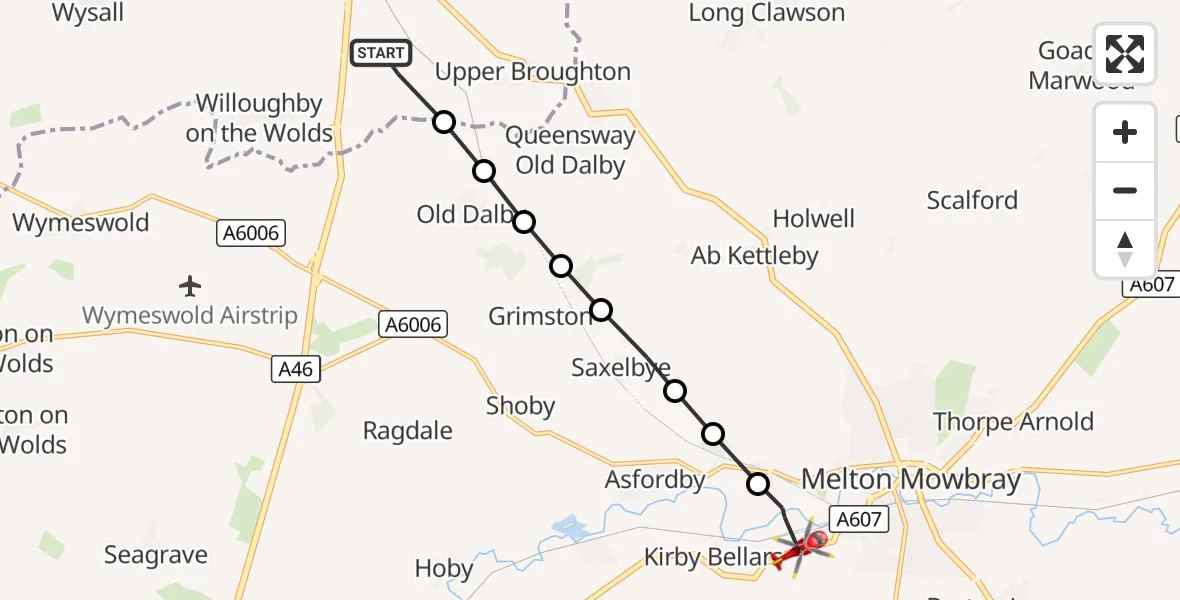 Flight route Air Ambulance Helicopter Rushcliffe - Sysonby, 24 September 2026, 15:47