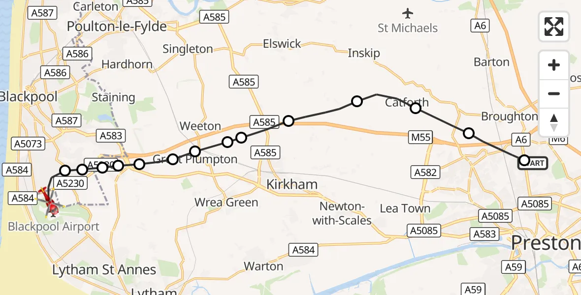 Flight route Air Ambulance Helicopter Royal Preston - Blackpool Airport, 24 September 2026, 15:51