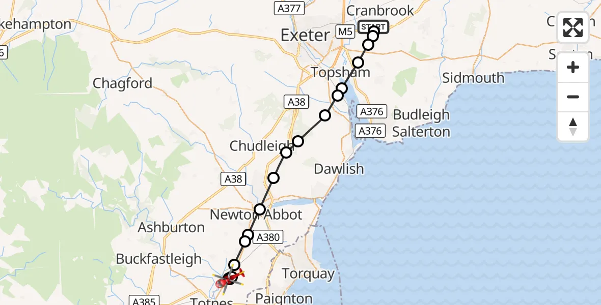 Flight route Air Ambulance Helicopter Exeter International Airport - Littlehempston, 24 September 2026, 15:55