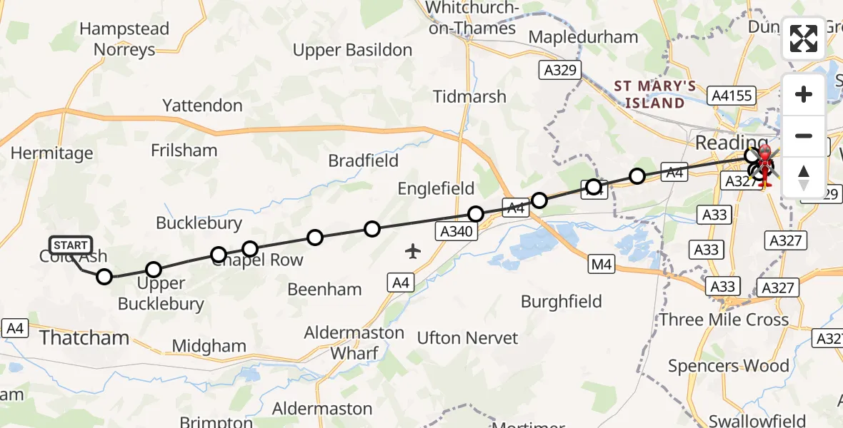 Flight route Air Ambulance Helicopter Cold Ash - Royal Berkshire Hospital, 24 September 2026, 15:58