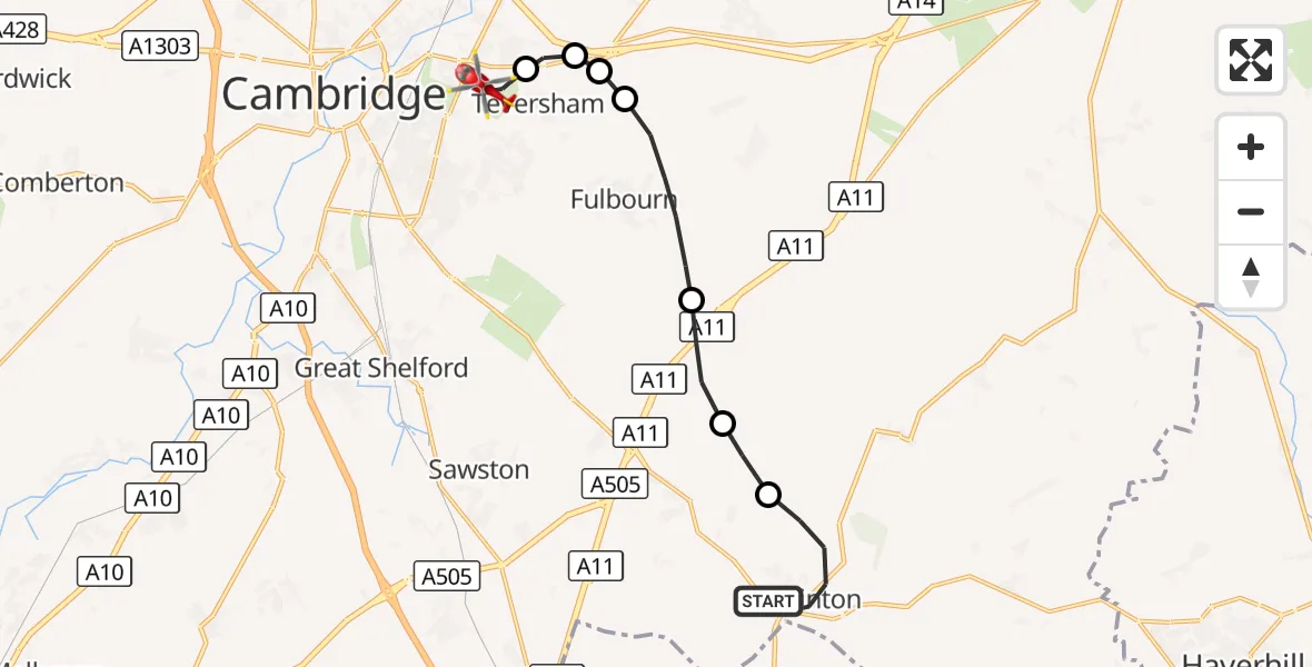 Flight route Air Ambulance Helicopter Linton - Cambridge City Airport, 24 September 2026, 16:22