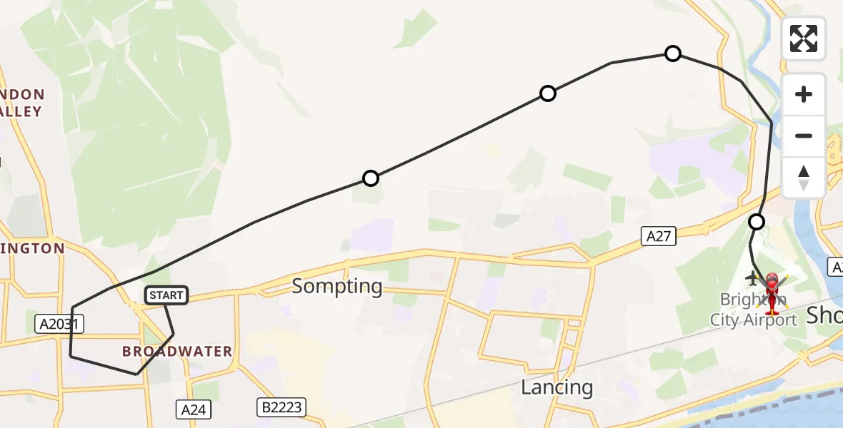 Flight route Air Ambulance Helicopter Worthing - Brighton City Airport, 24 September 2026, 16:36
