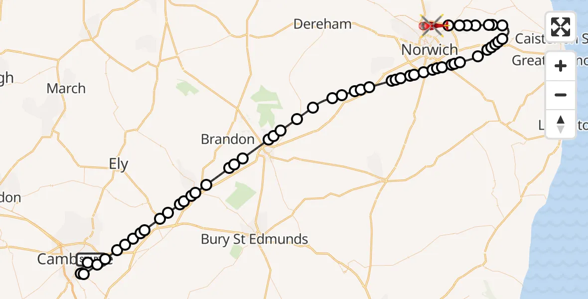 Flight route Air Ambulance Helicopter Cambridge City Airport - Beeston St Andrew, 24 September 2026, 16:39
