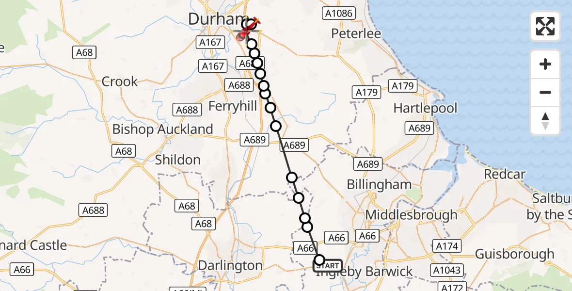 Flight route Air Ambulance Helicopter Egglescliffe - Sherburn, 24 September 2026, 16:47