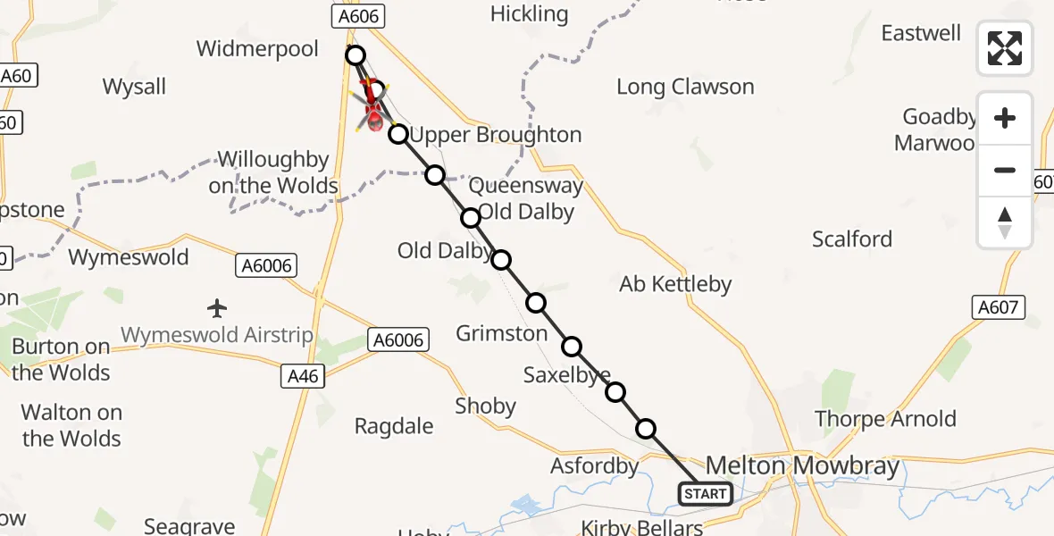 Flight route Air Ambulance Helicopter Asfordby Hill - Rushcliffe, 24 September 2026, 16:49
