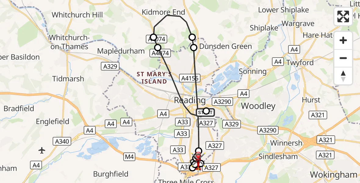 Flight route Air Ambulance Helicopter Royal Berkshire Hospital - Shinfield, 24 September 2026, 16:51