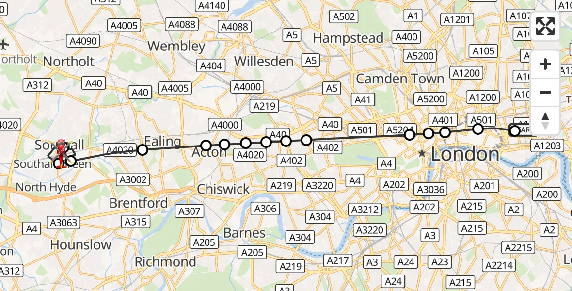 Flight route Air Ambulance Helicopter Royal London Hospital - Southall, 24 September 2026, 17:06