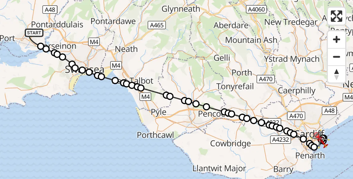 Flight route Air Ambulance Helicopter Dafen - Cardiff Heliport, 24 September 2026, 17:08