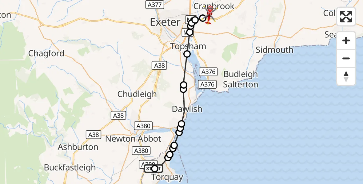 Flight route Air Ambulance Helicopter Torbay Hospital - Exeter International Airport, 24 September 2026, 17:10