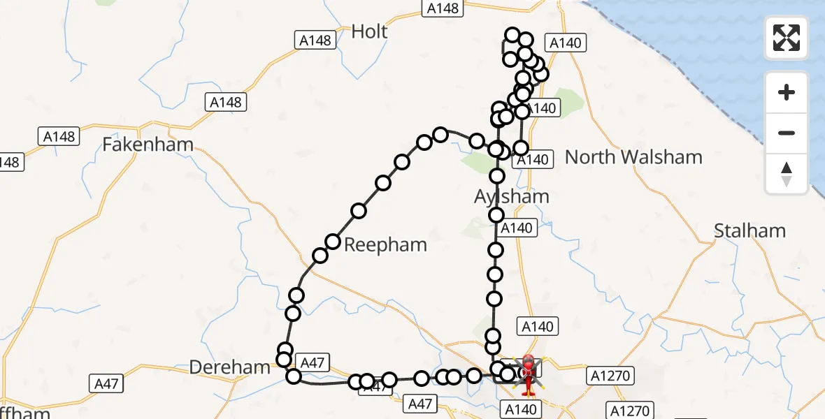 Flight route Air Ambulance Helicopter Horsford - Norwich Airport, 24 September 2026, 17:19