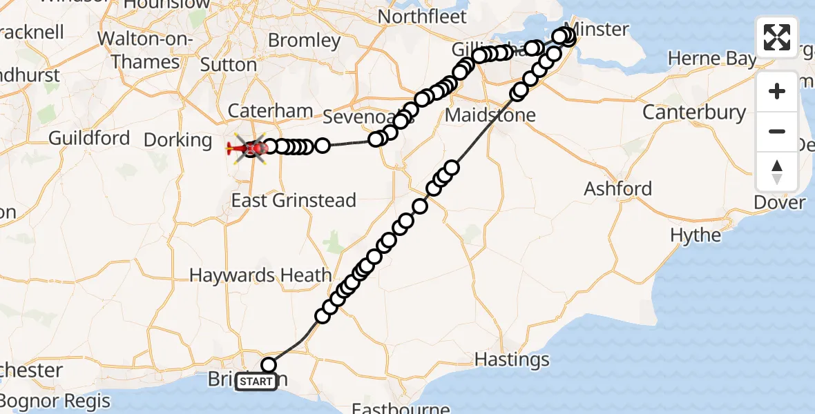 Flight route Air Ambulance Helicopter Brighton - Redhill Aerodrome, 24 September 2026, 17:30