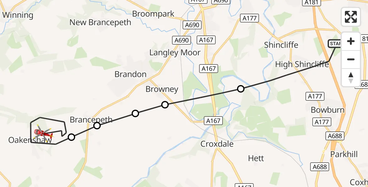 Flight route Air Ambulance Helicopter High Shincliffe - Oakenshaw, 24 September 2026, 17:41