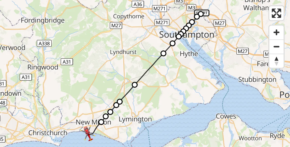 Flight route Air Ambulance Helicopter Southampton Airport - New Milton, 24 September 2026, 17:55