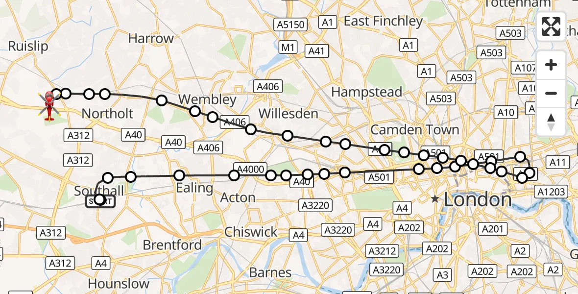 Flight route Air Ambulance Helicopter Ealing - RAF Northolt, 24 September 2026, 18:02
