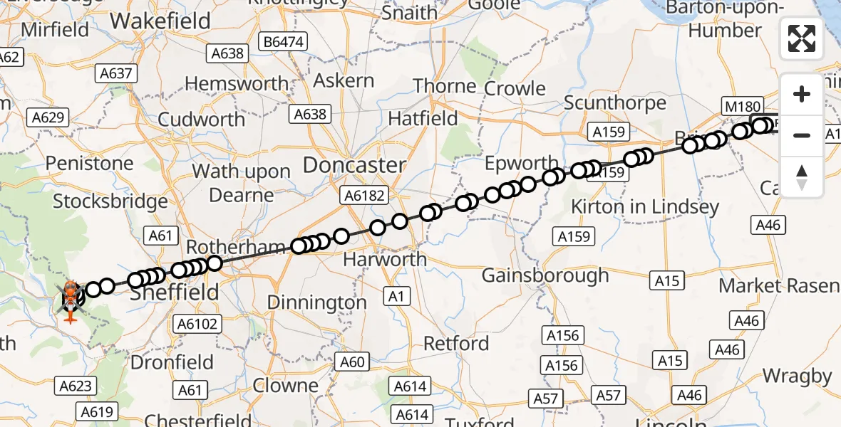 Flight route Coastguard Helicopter Humberside Airport - Hathersage, 24 September 2026, 18:10