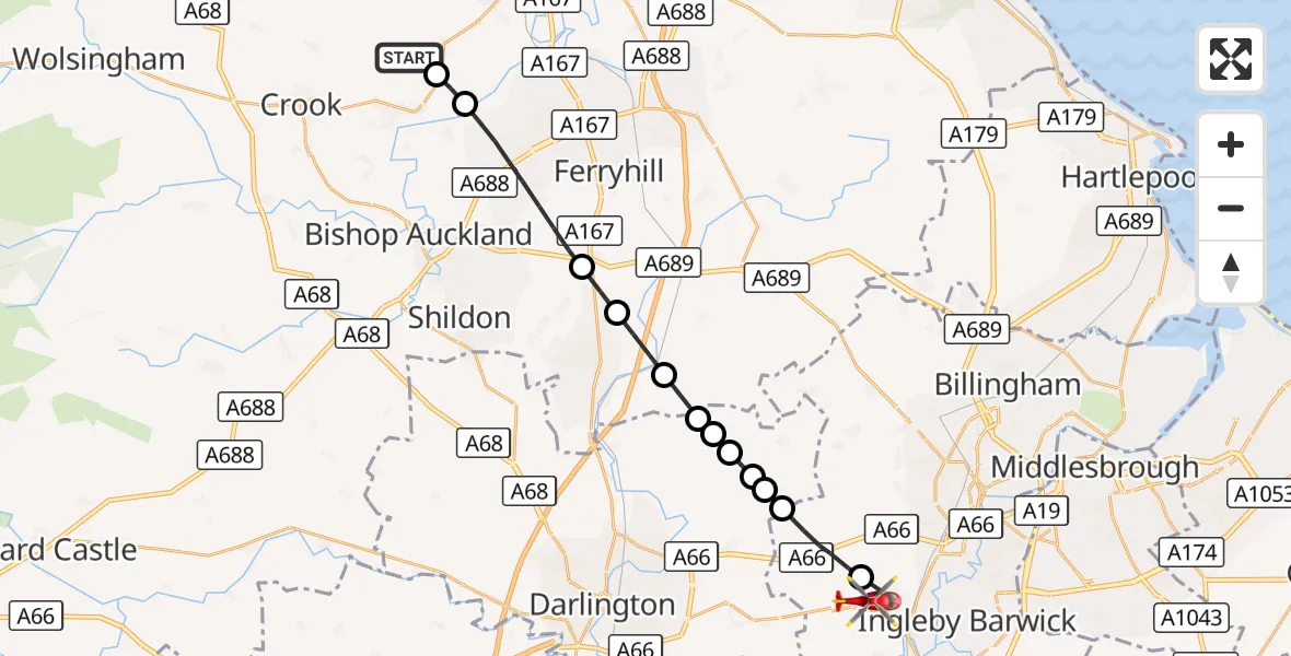 Flight route Air Ambulance Helicopter Oakenshaw - Egglescliffe, 24 September 2026, 18:17