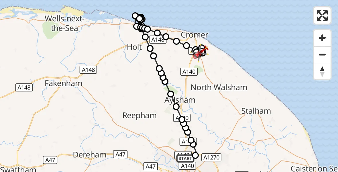 Flight route Air Ambulance Helicopter Norwich Airport - Northrepps Aerodrome, 24 September 2026, 18:38