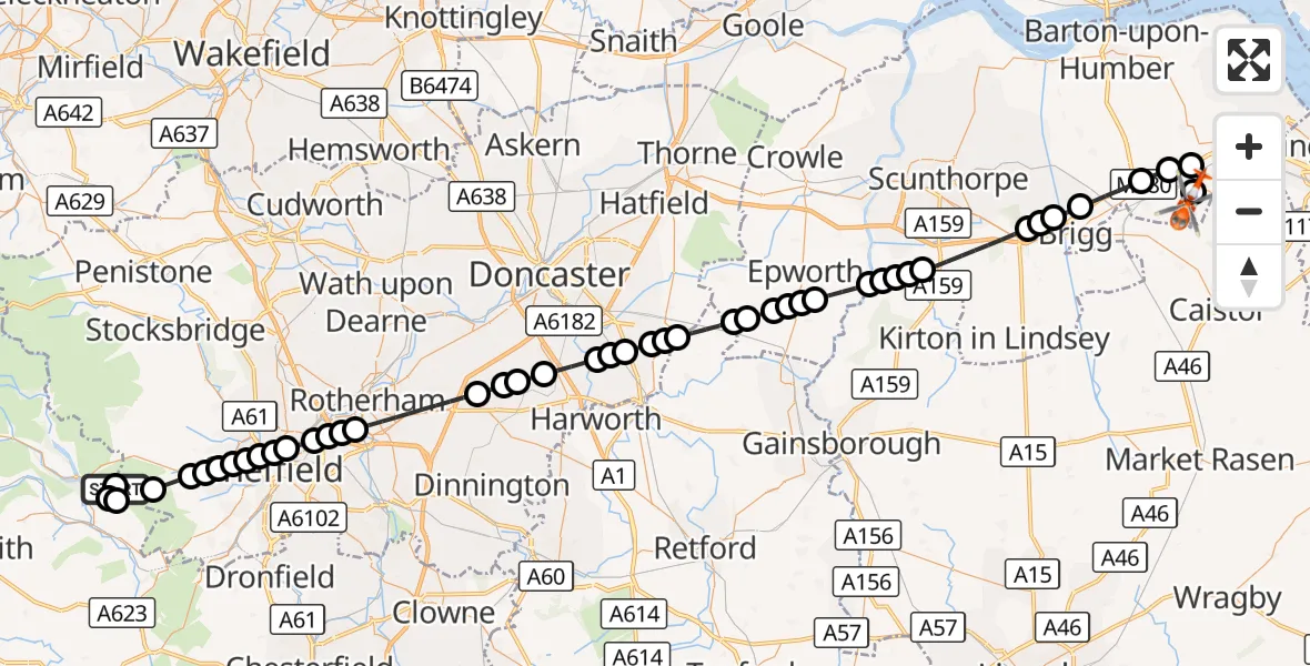Flight route Coastguard Helicopter Bradfield - Humberside Airport, 24 September 2026, 18:49