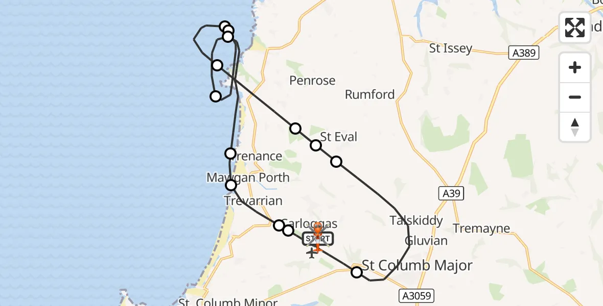 Flight route Coastguard Helicopter Cornwall Airport Newquay - Cornwall Airport Newquay, 24 September 2026, 18:53