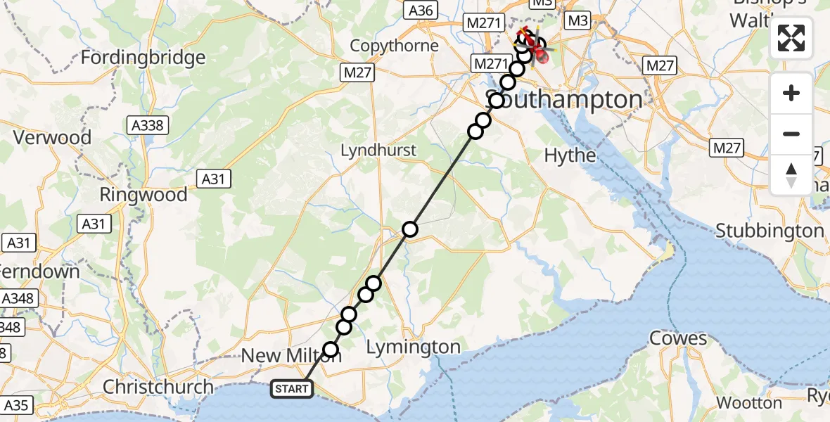 Flight route Air Ambulance Helicopter New Milton - University Hospital Southampton, 24 September 2026, 19:13