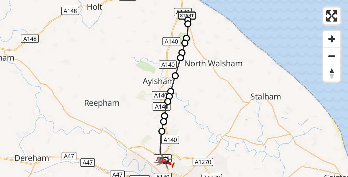 Flight route Air Ambulance Helicopter Northrepps Aerodrome - Norwich Airport, 24 September 2026, 19:20