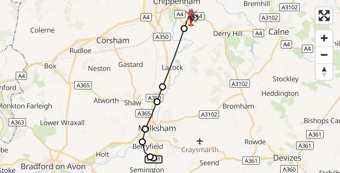 Flight route Air Ambulance Helicopter Wiltshire Air Ambulance - Chippenham, 24 September 2026, 19:22