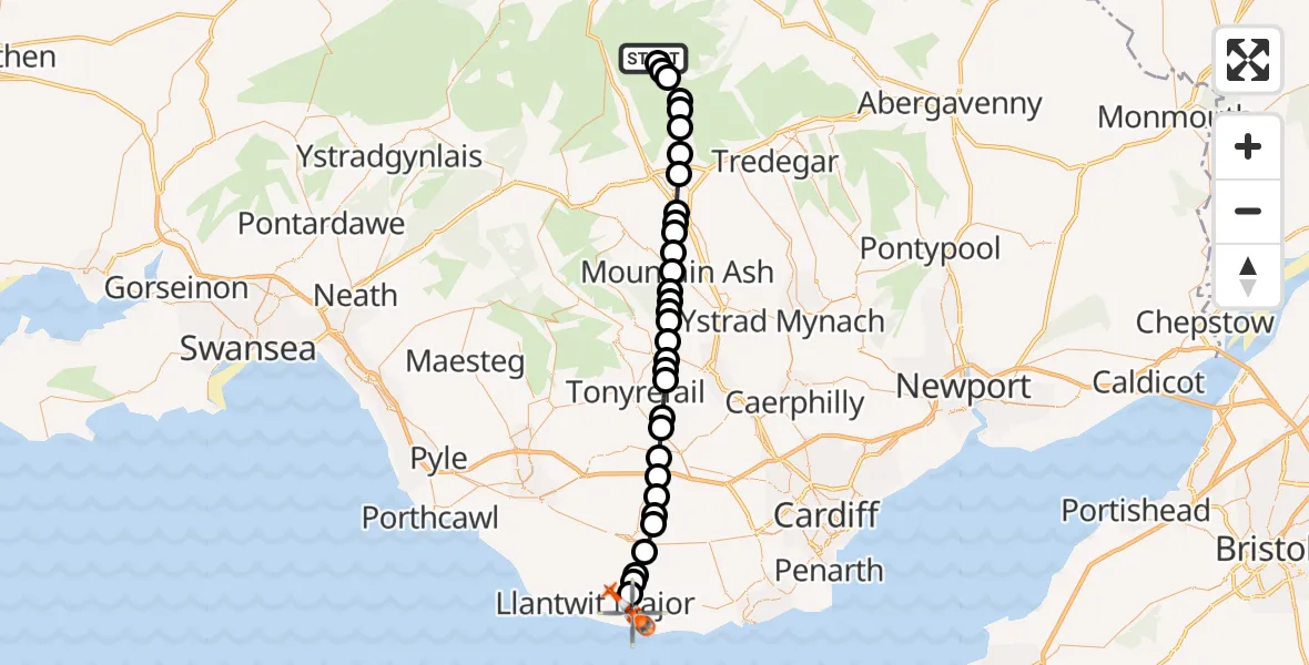 Flight route Coastguard Helicopter Llanfrynach - MOD St Athan, 24 September 2026, 19:34