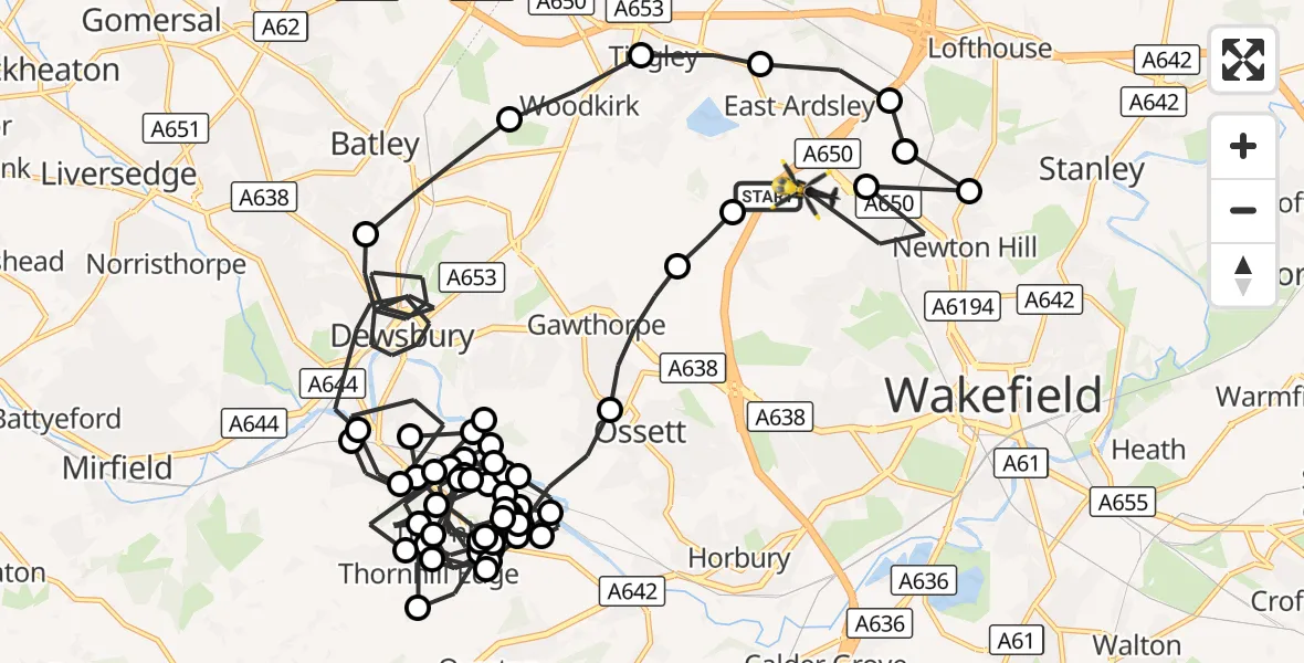 Flight route Police Helicopter East Ardsley - East Ardsley, 24 September 2026, 20:04
