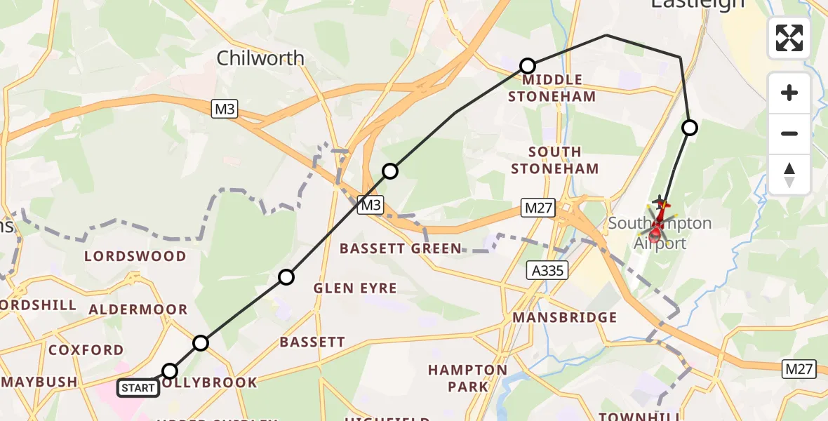 Flight route Air Ambulance Helicopter University Hospital Southampton - Southampton Airport, 24 September 2026, 20:10