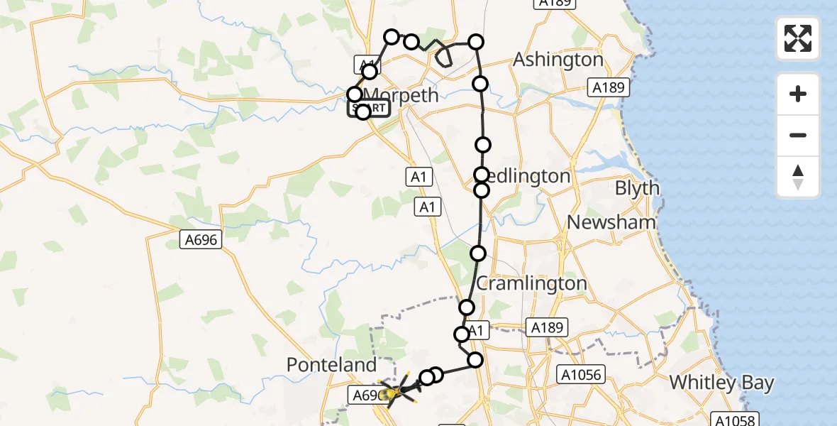 Flight route Police Helicopter Morpeth - Newcastle International Airport, 24 September 2026, 20:15