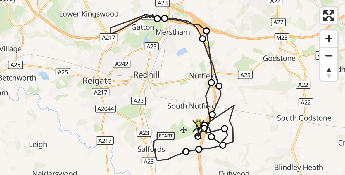 Flight route Police Helicopter Salfords - South Nutfield, 24 September 2026, 20:31