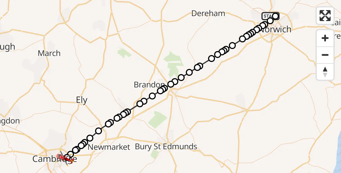 Flight route Air Ambulance Helicopter Norwich Airport - Cambridge City Airport, 24 September 2026, 20:31