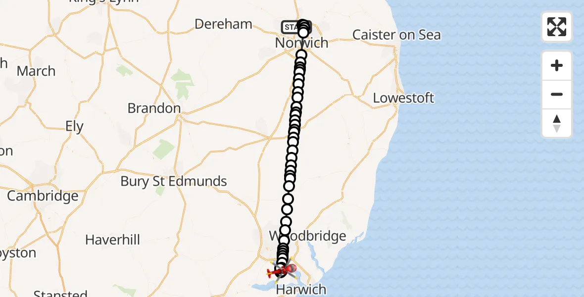 Flight route Air Ambulance Helicopter Norwich Airport - Woolverstone, 24 September 2026, 20:39
