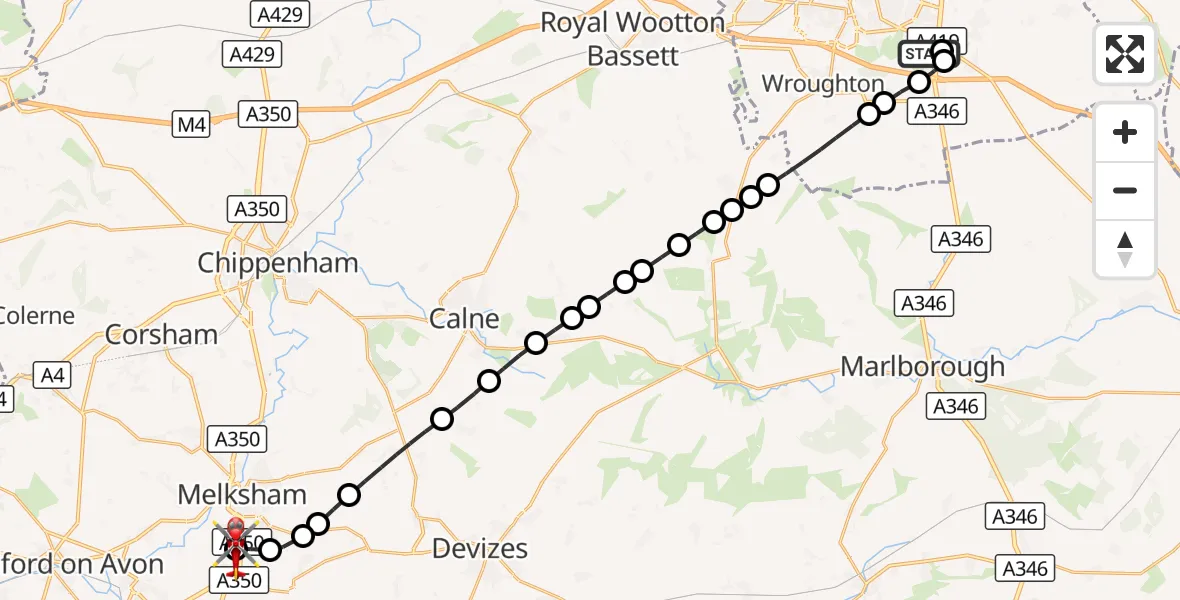 Flight route Air Ambulance Helicopter Great Western Hospital - Wiltshire Air Ambulance, 24 September 2026, 20:53
