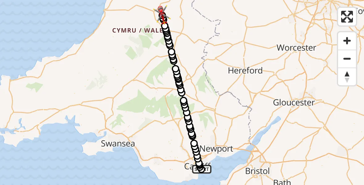 Flight route Air Ambulance Helicopter Cardiff Heliport - St. Harmon, 24 September 2026, 21:13