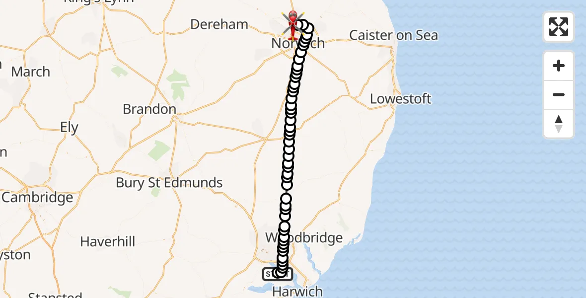 Flight route Air Ambulance Helicopter Chelmondiston - Norwich Airport, 24 September 2026, 21:38