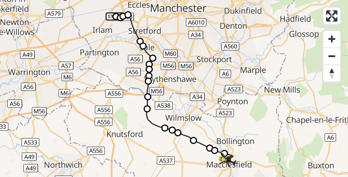 Flight route Police Helicopter Manchester Barton Aerodrome - Macclesfield, 24 September 2026, 22:06