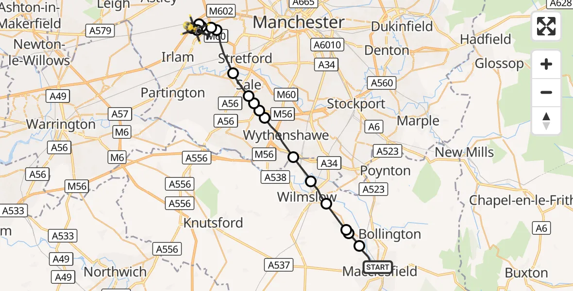 Flight route Police Helicopter Macclesfield - Manchester Barton Aerodrome, 24 September 2026, 22:28