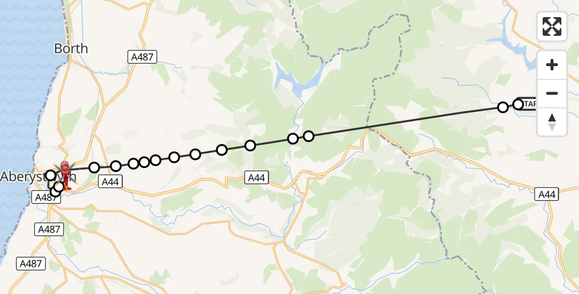 Flight route Air Ambulance Helicopter Llanidloes - Aberystwyth, 24 September 2026, 23:21