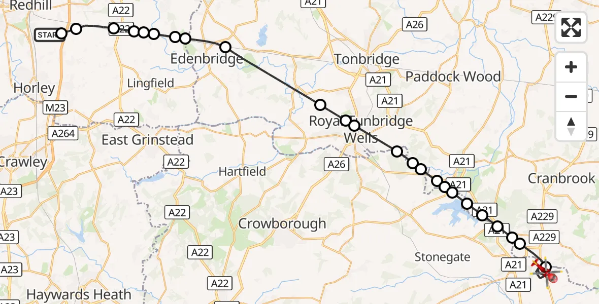 Flight route Air Ambulance Helicopter Redhill Aerodrome - Rother, 25 September 2026, 00:00