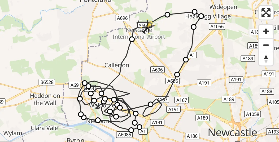 Flight route Police Helicopter Newcastle International Airport - Newcastle International Airport, 25 September 2026, 00:32